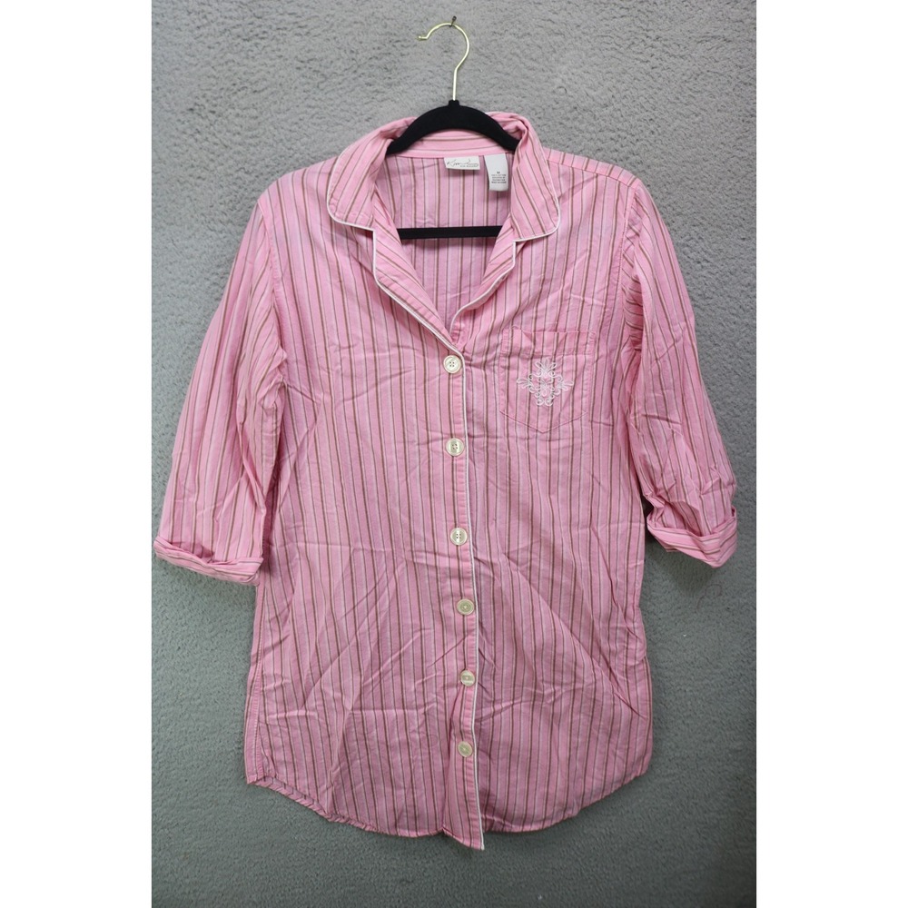 Kim Rogers 3/4 Sleeve Button-Up Sleepshirt-Medium-Striped-Preppy